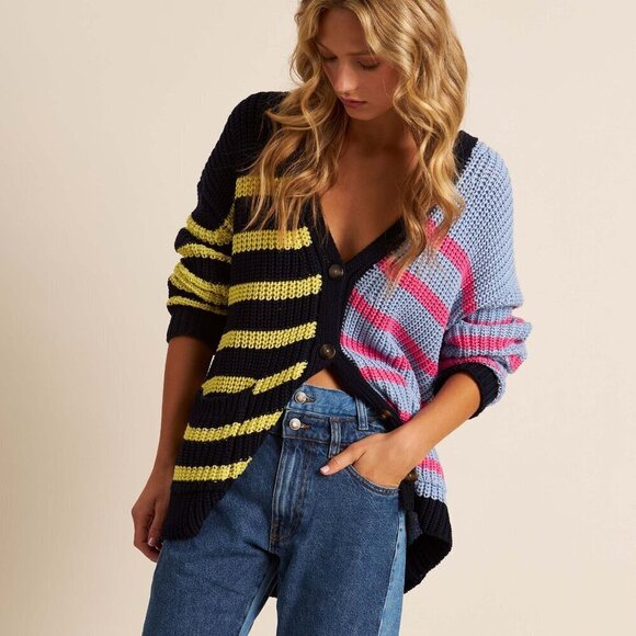 John + Jenn Sweaters - John + Jenn Blue and Black Cotton Cable Knit Cardigan XS